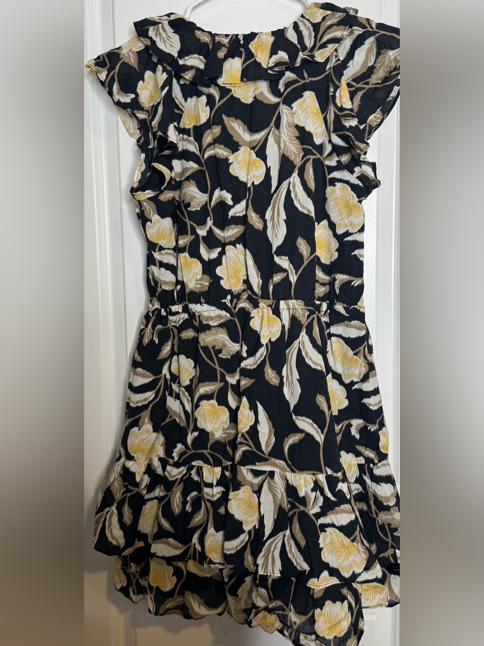 Universal Thread Black Floral Ruffle Wrap Mini Dress with Yellow Accents size MD - Picture 3 of 3